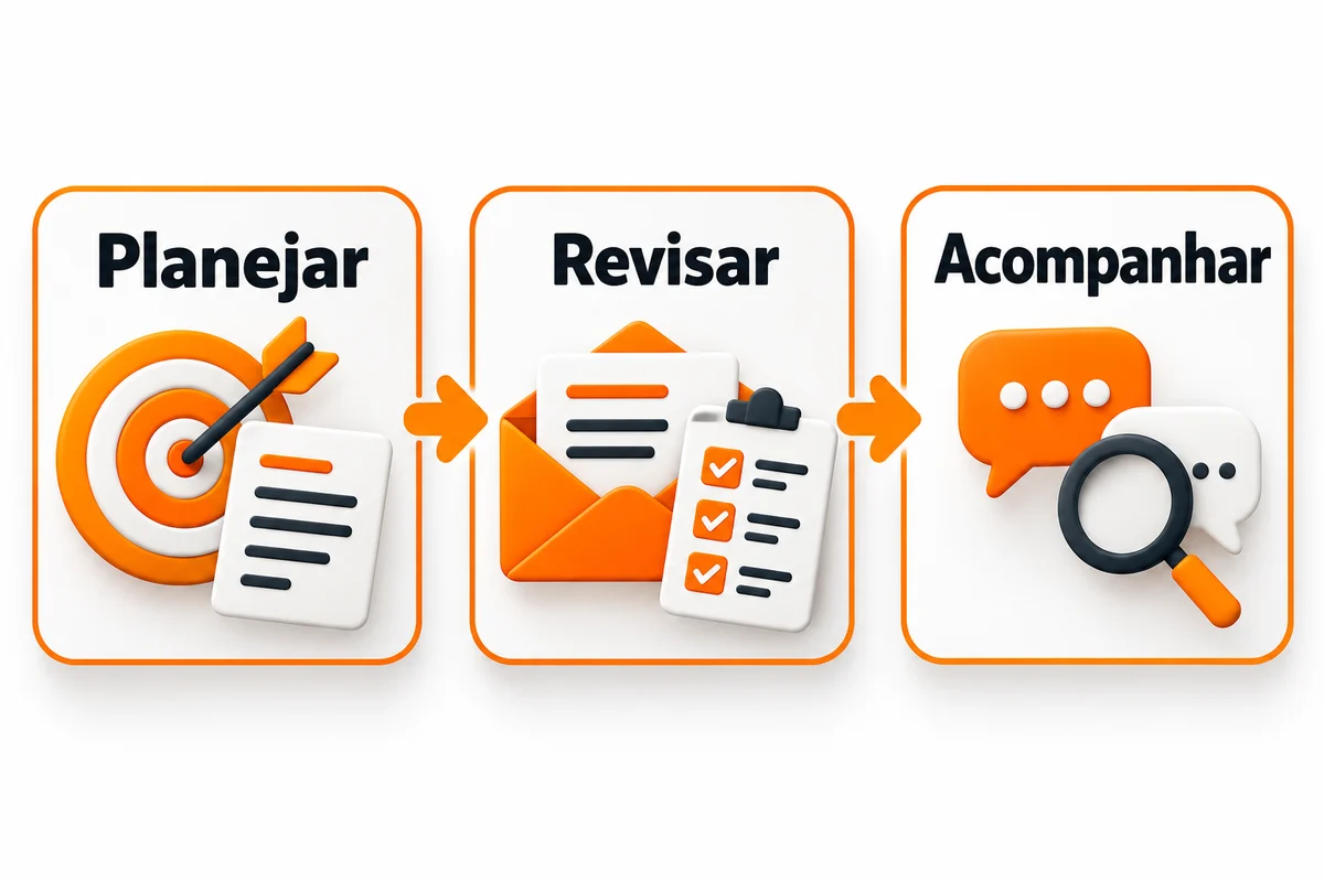Três cartões ligados por setas apresentam planejar com alvo e briefing, revisar com envelope e checklist e acompanhar com balões e lupa.
