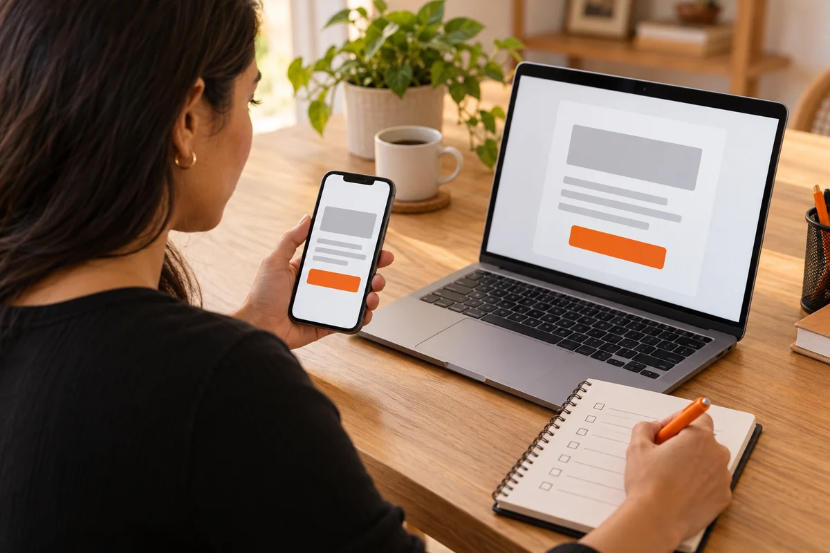 Mulher compara uma prévia de mensagem no celular e no notebook enquanto registra a revisão em um caderno.