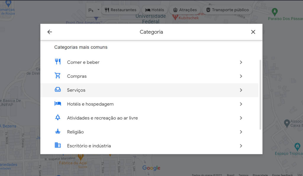5.a.1. Dentro do Google Maps há várias categorias