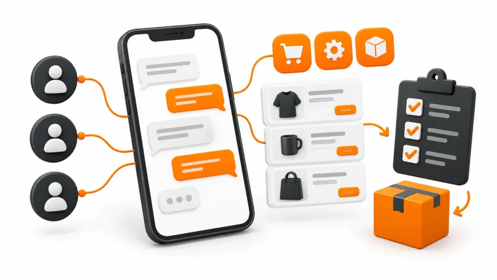 Smartphone com conversas conectado a cartões de catálogo e checklist nas cores branca, grafite e laranja