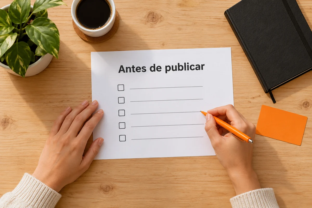 Folha com checklist antes de publicar um artigo, ao lado de uma mão com caneta laranja.