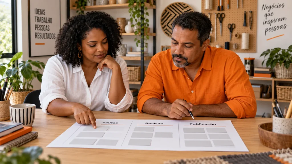 Duas pessoas revisam uma folha de pautas para o blog de uma empresa em uma mesa de trabalho.