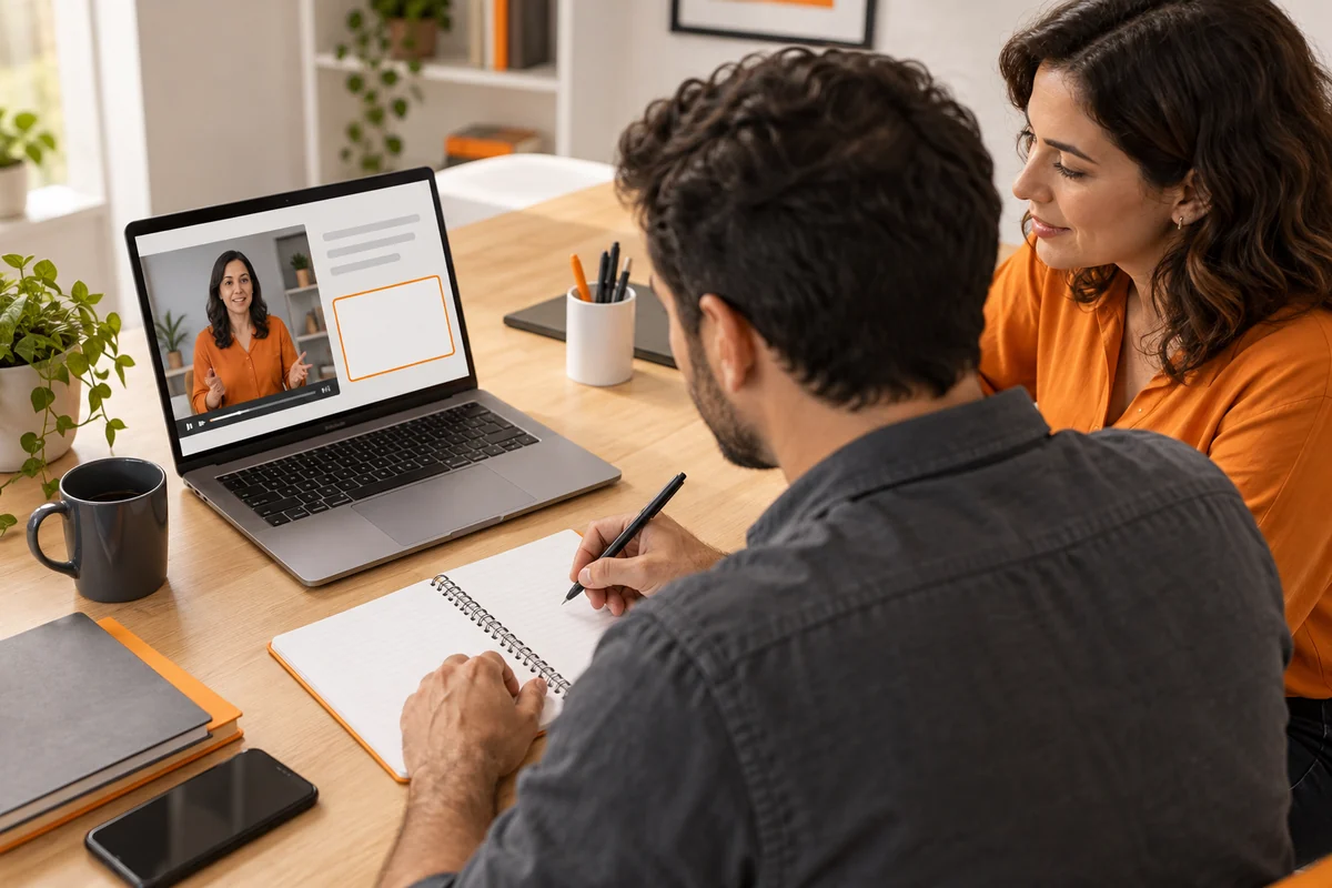 Participante assiste a uma aula no laptop e anota uma atividade com acompanhamento da instrutora