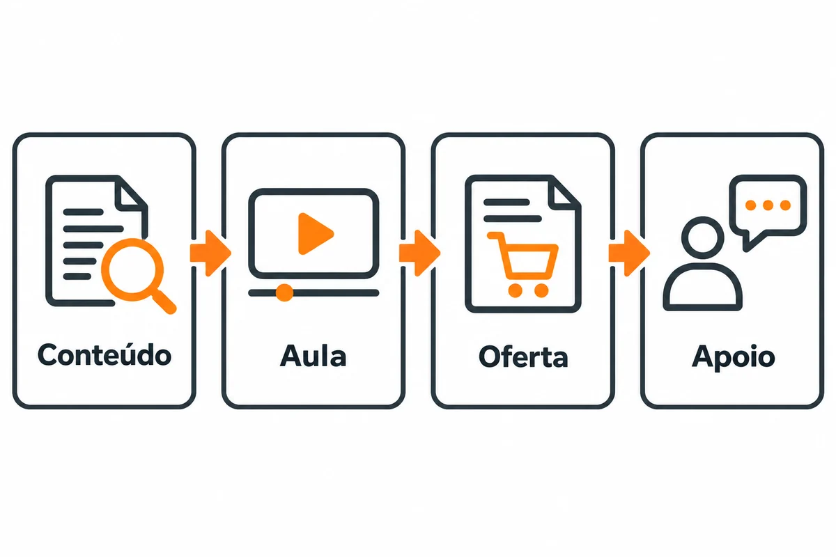 Diagrama apresenta conteúdo, aula, oferta e apoio como partes da jornada do curso