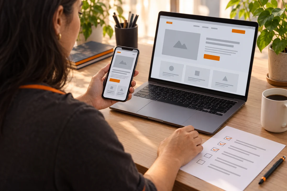 Profissional confere uma página conceitual no notebook e no celular ao lado de um checklist