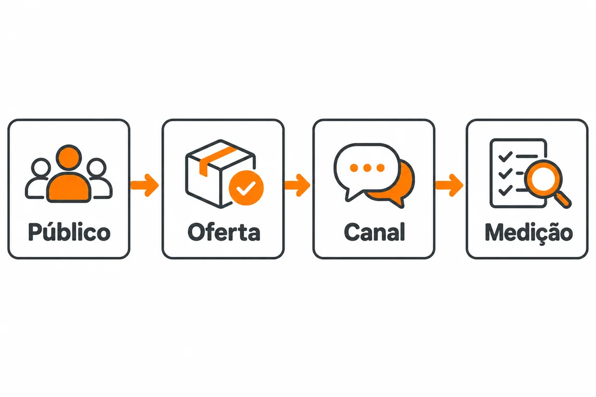 Diagrama relaciona público, oferta, canal e medição em quatro cartões conectados