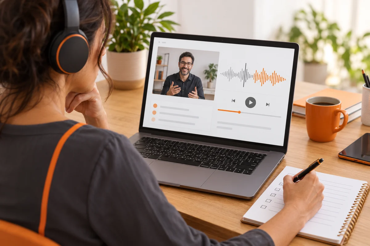 Profissional com fones confere um vídeo conceitual no notebook e anota em um checklist