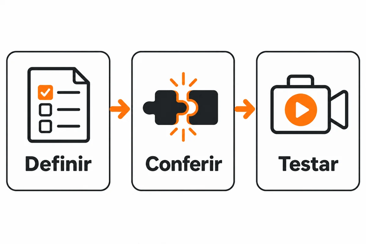 Diagrama com definir, conferir e testar, usando peças de quebra-cabeça como símbolo de compatibilidade