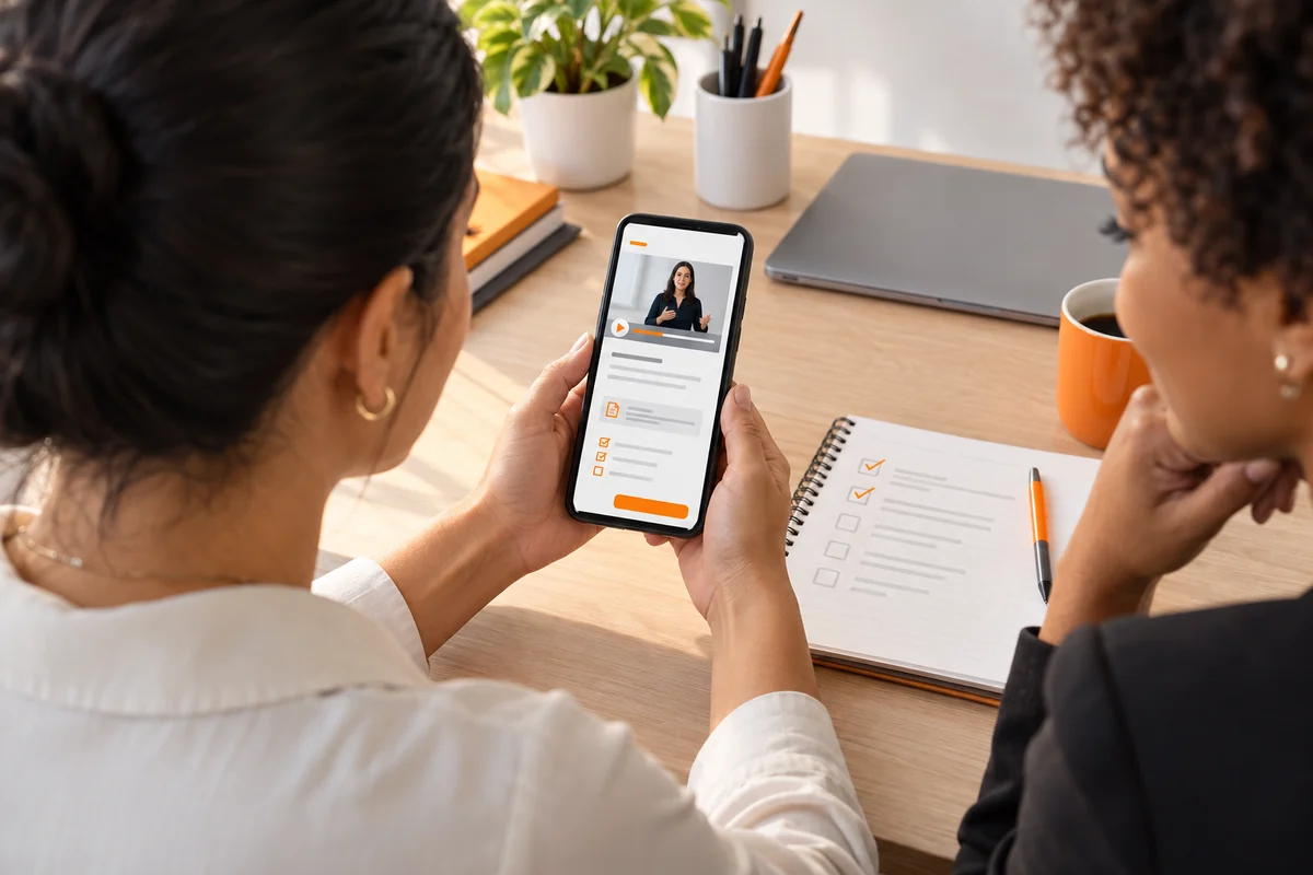 Profissional observa uma aula e tarefa em um celular com uma colega ao lado