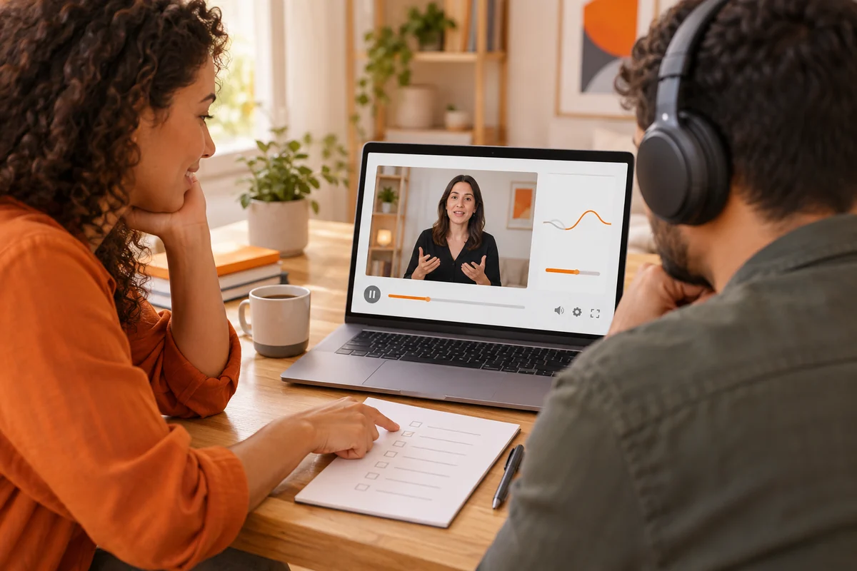 Dois profissionais conferem uma videoaula conceitual no notebook com fones e checklist