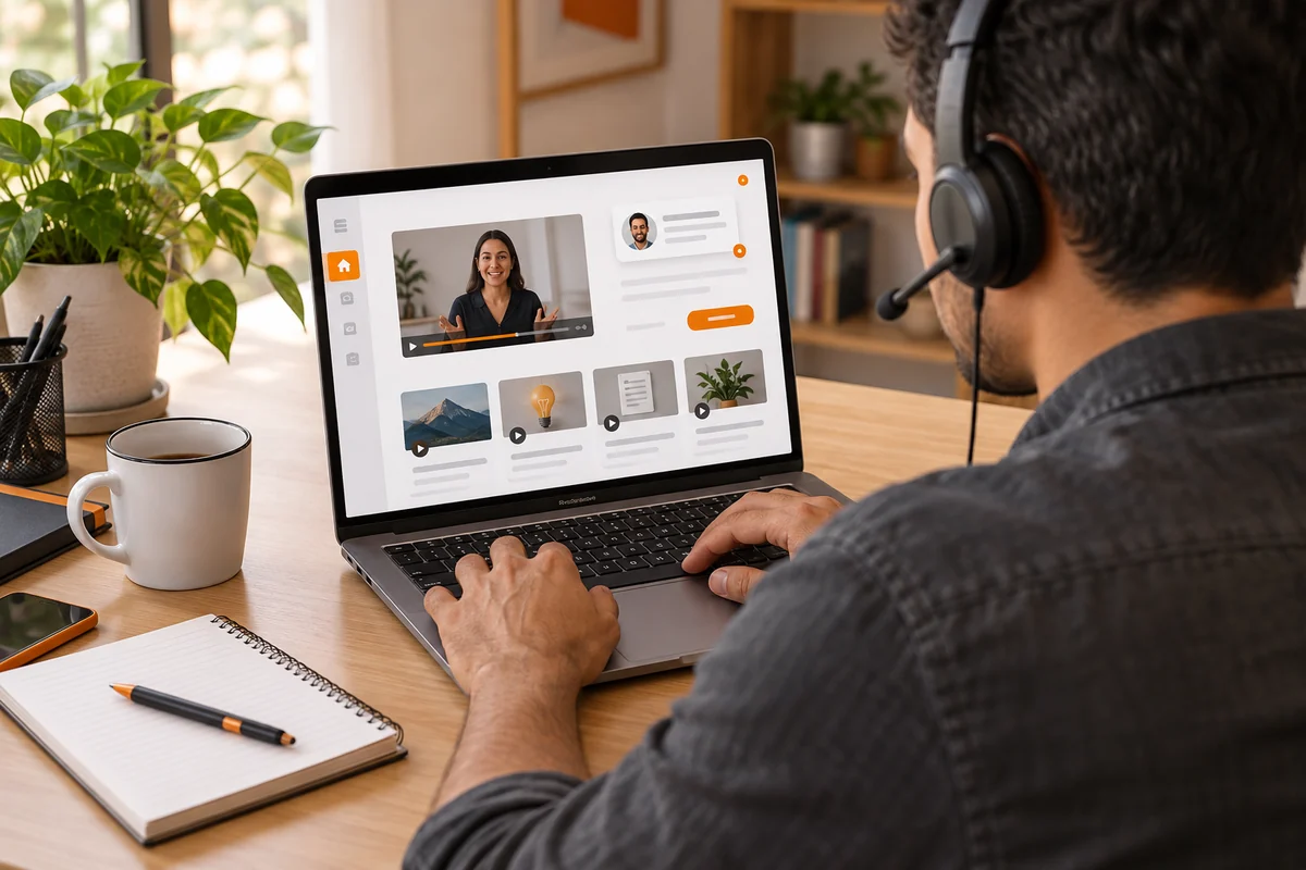 Pessoa com headset acessa uma interface conceitual de curso no notebook à sua frente