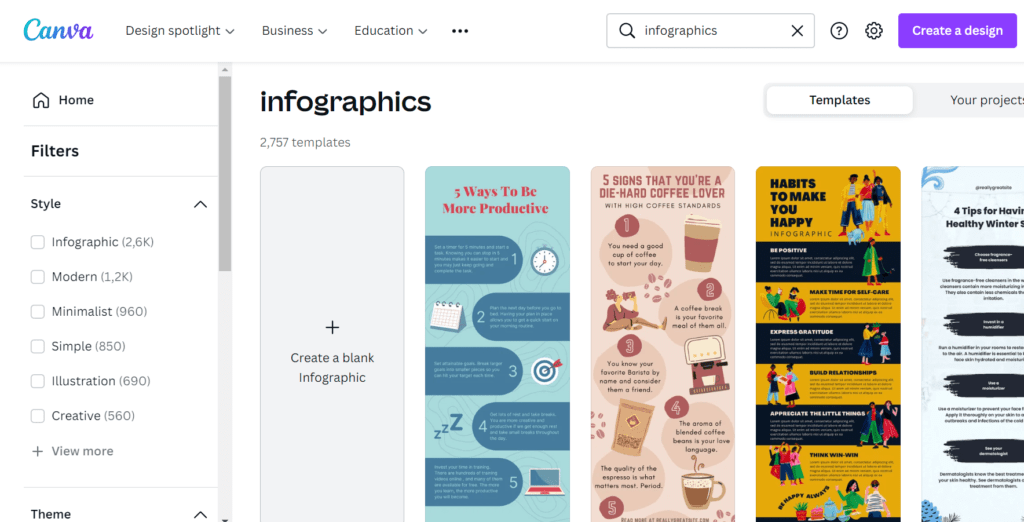 Imagem de como fica a pesquisa por infográficos no CANVA para a curadoria de conteúdo