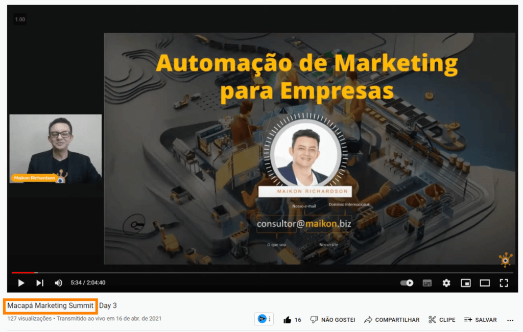 Imagem que mostra o início do vídeo Macapá Marketing Summit no navegado Youtube e destacando o com um marcador o título do vídeo.