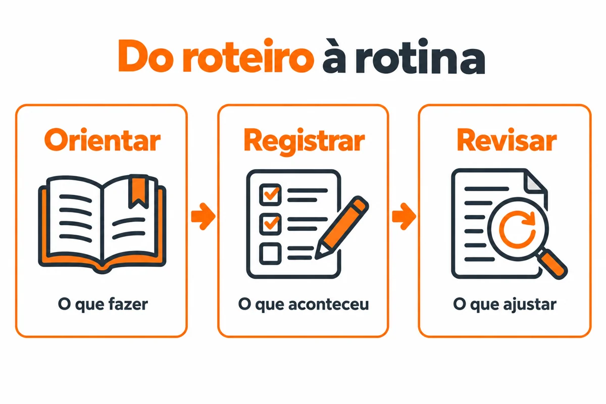 Infográfico mostra orientar, registrar e revisar como ciclo de uso do playbook de vendas.