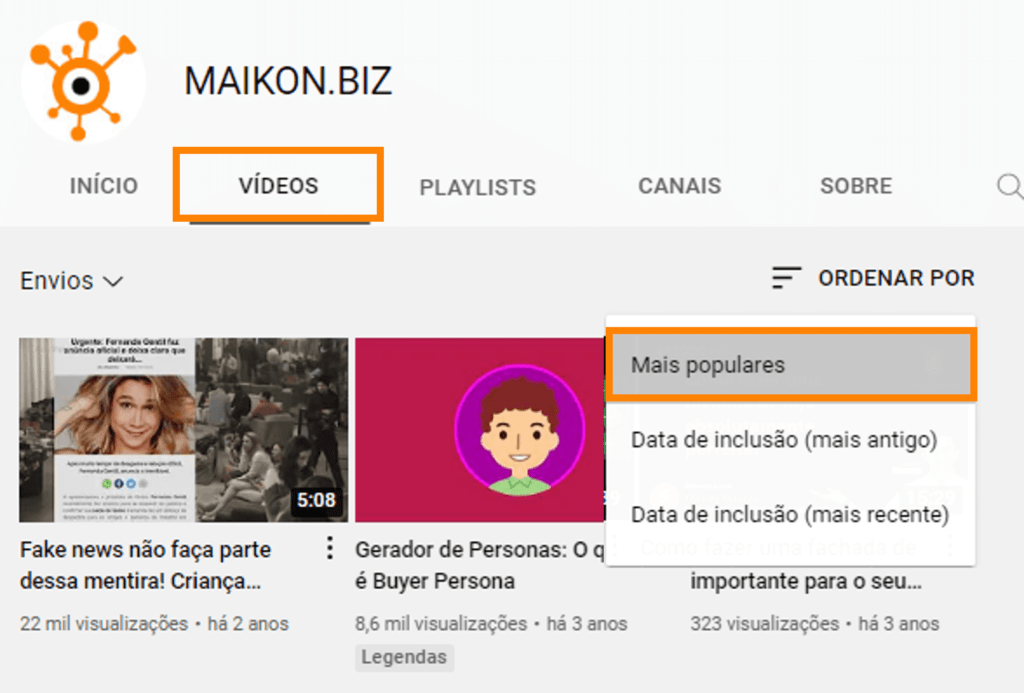 Imagem demonstra a seleção de vídeos mais populares no Canal Maikon.biz