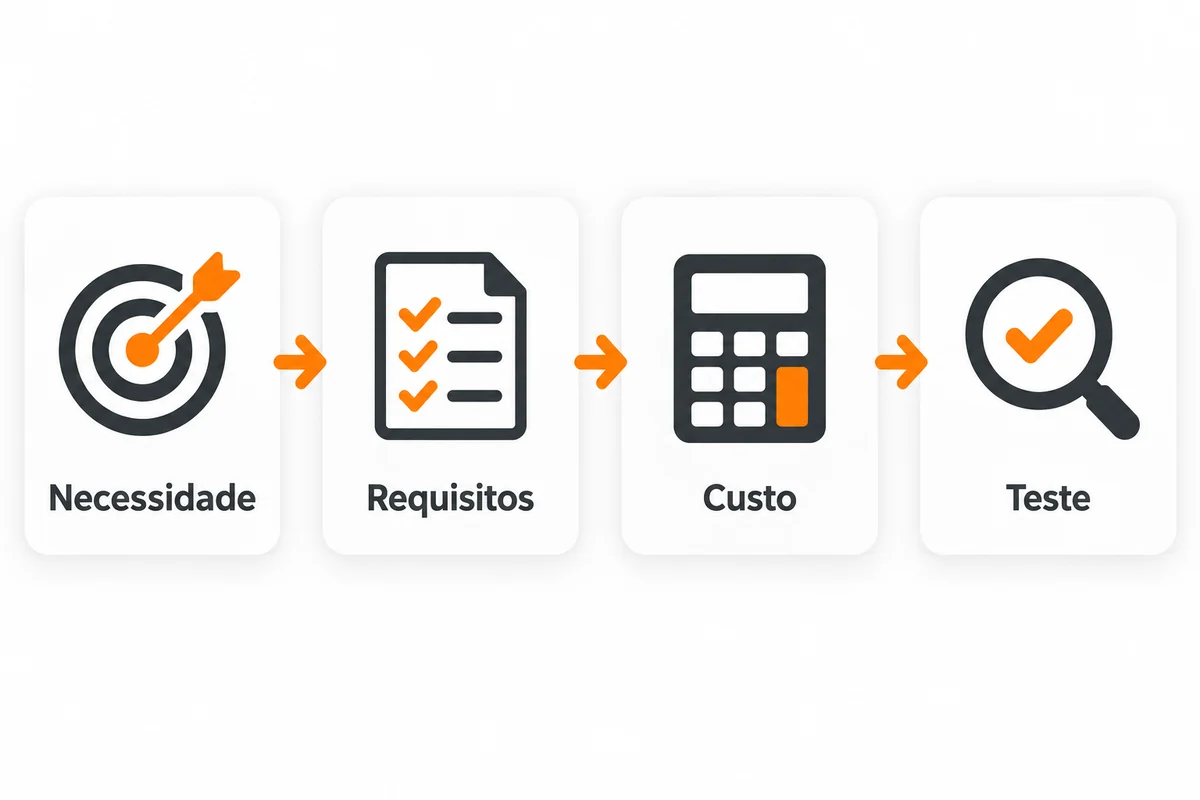 Quatro critérios de comparação ligados por setas: necessidade, requisitos, custo e teste.
