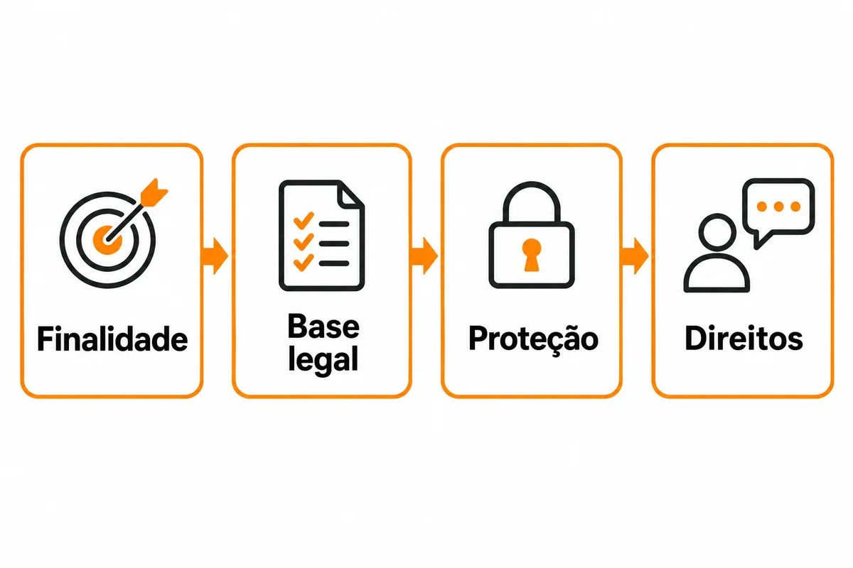 Diagrama com quatro etapas: finalidade, base legal, proteção e direitos