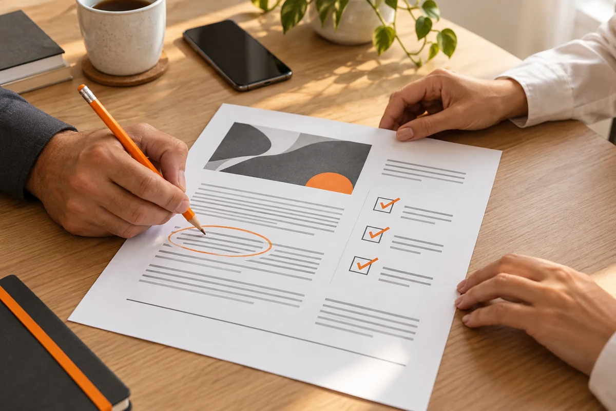 Mãos revisam uma página impressa com parágrafos, trecho circulado e checklist de três itens.