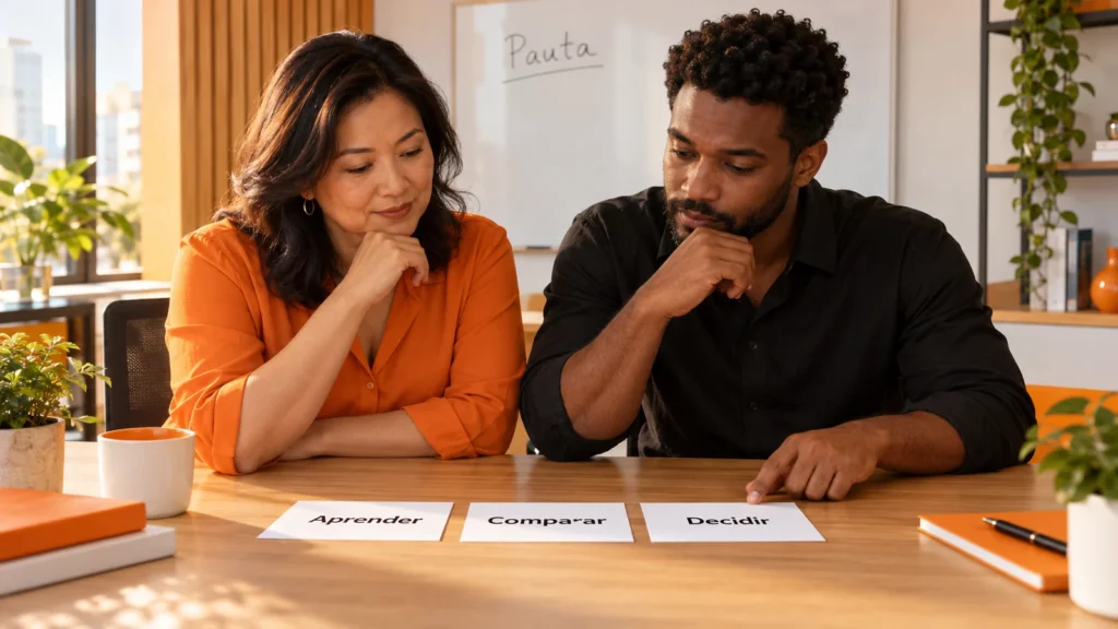 Duas pessoas comparam cartões deitados com os textos Aprender, Comparar e Decidir em uma mesa.