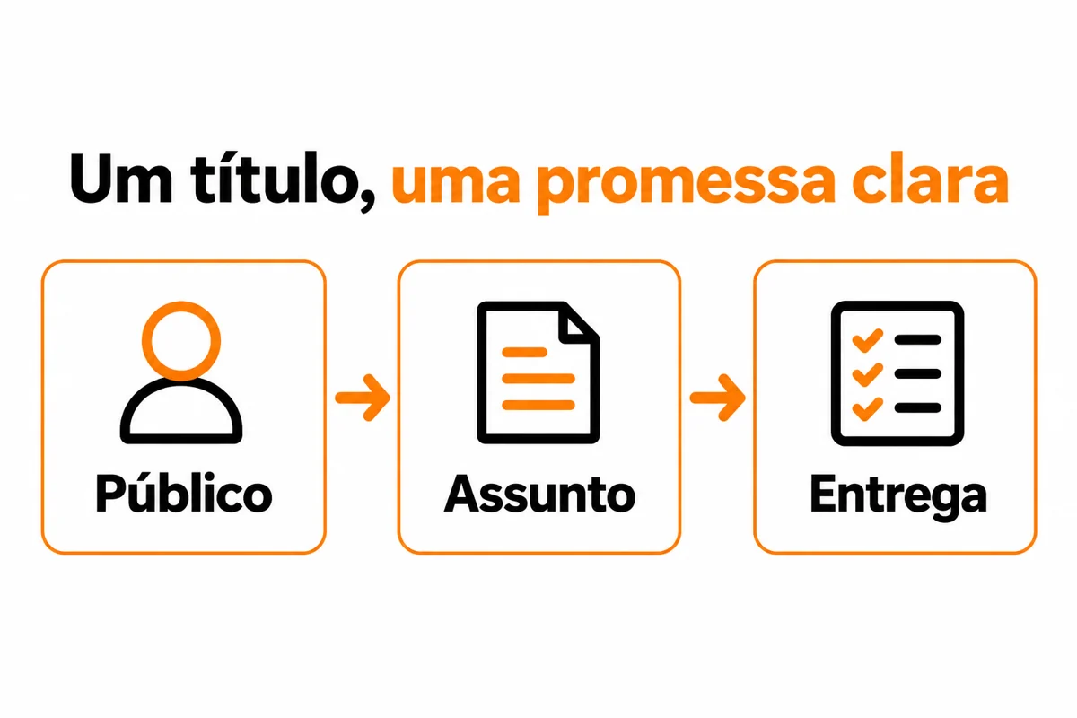 Três cartões conectam público, assunto e entrega sob a chamada Um título, uma promessa clara.