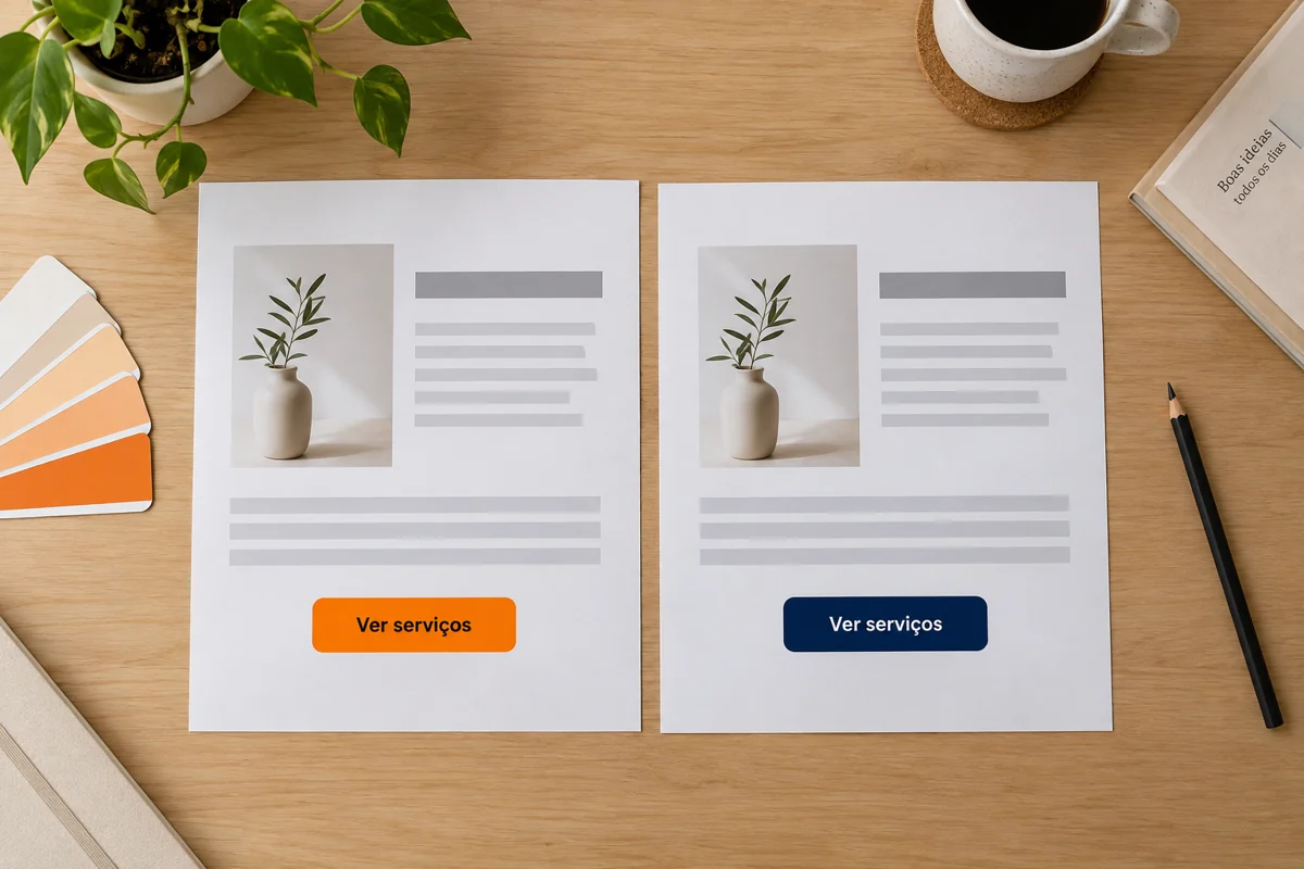 Dois layouts fictícios com a mesma estrutura e botões Ver serviços nas cores laranja e azul escuro.