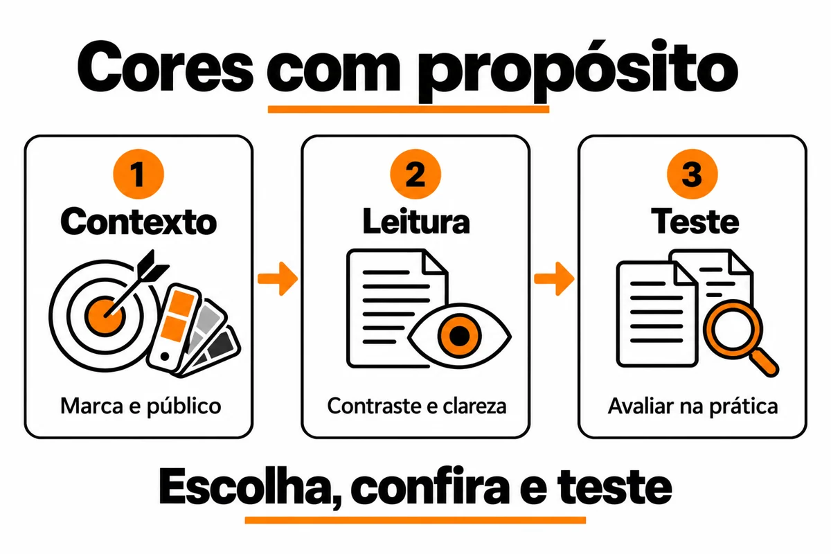 Processo de escolha de cores: contexto da marca e do público, leitura com contraste e teste na prática.