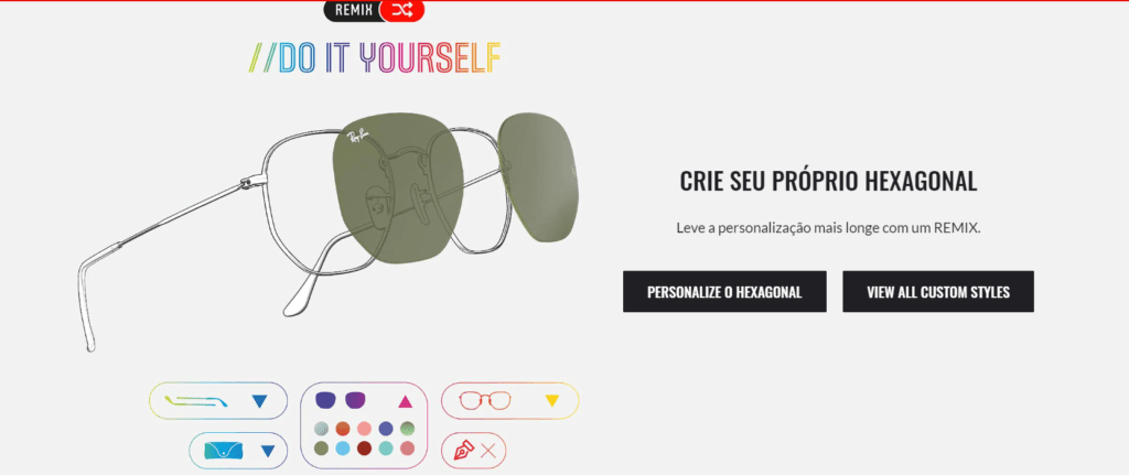 Imagem da plataforma da Ray-Ban que permite customizar o óculos que o cliente deseja comprar 