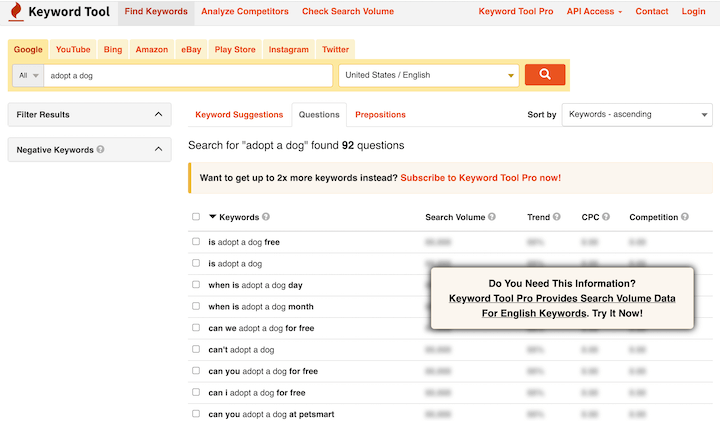 Plataforma do KeyWord Tool (funcionamento)