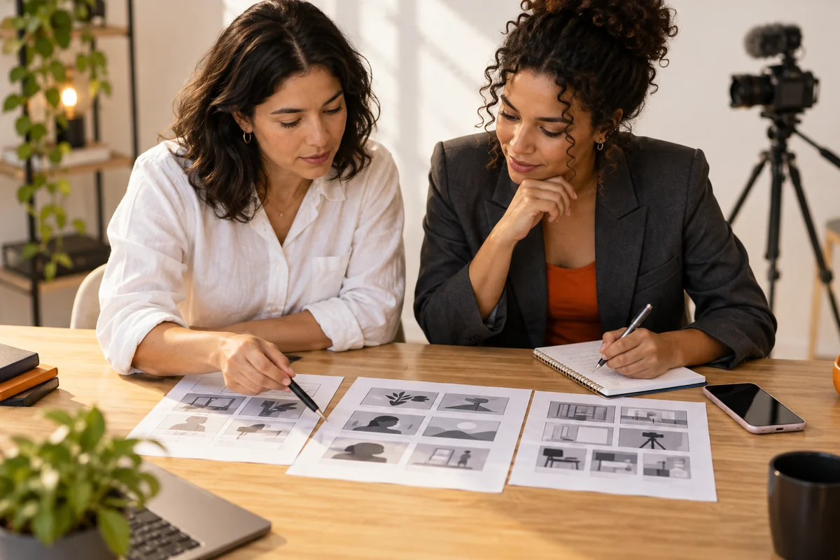 Duas profissionais analisam folhas de storyboard voltadas para cima e fazem anotações.