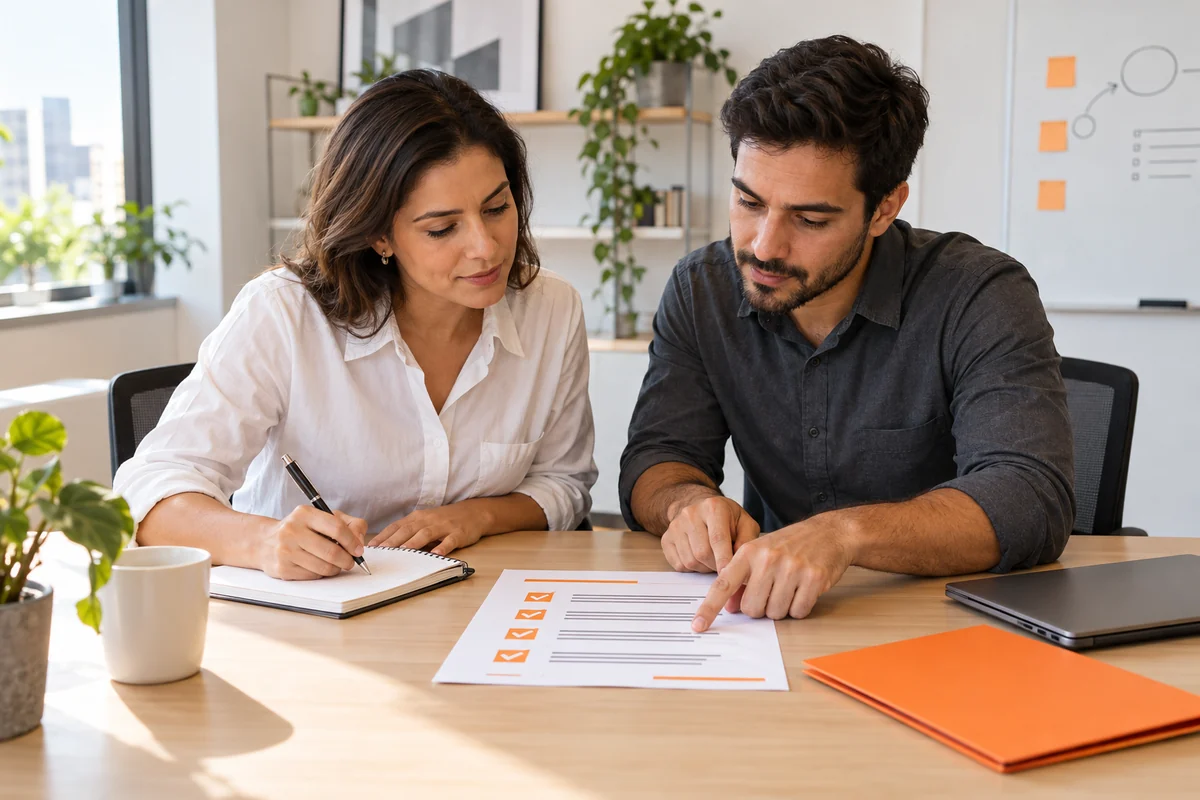 Duas pessoas revisam um checklist voltado para cima e registram anotações em caderno.