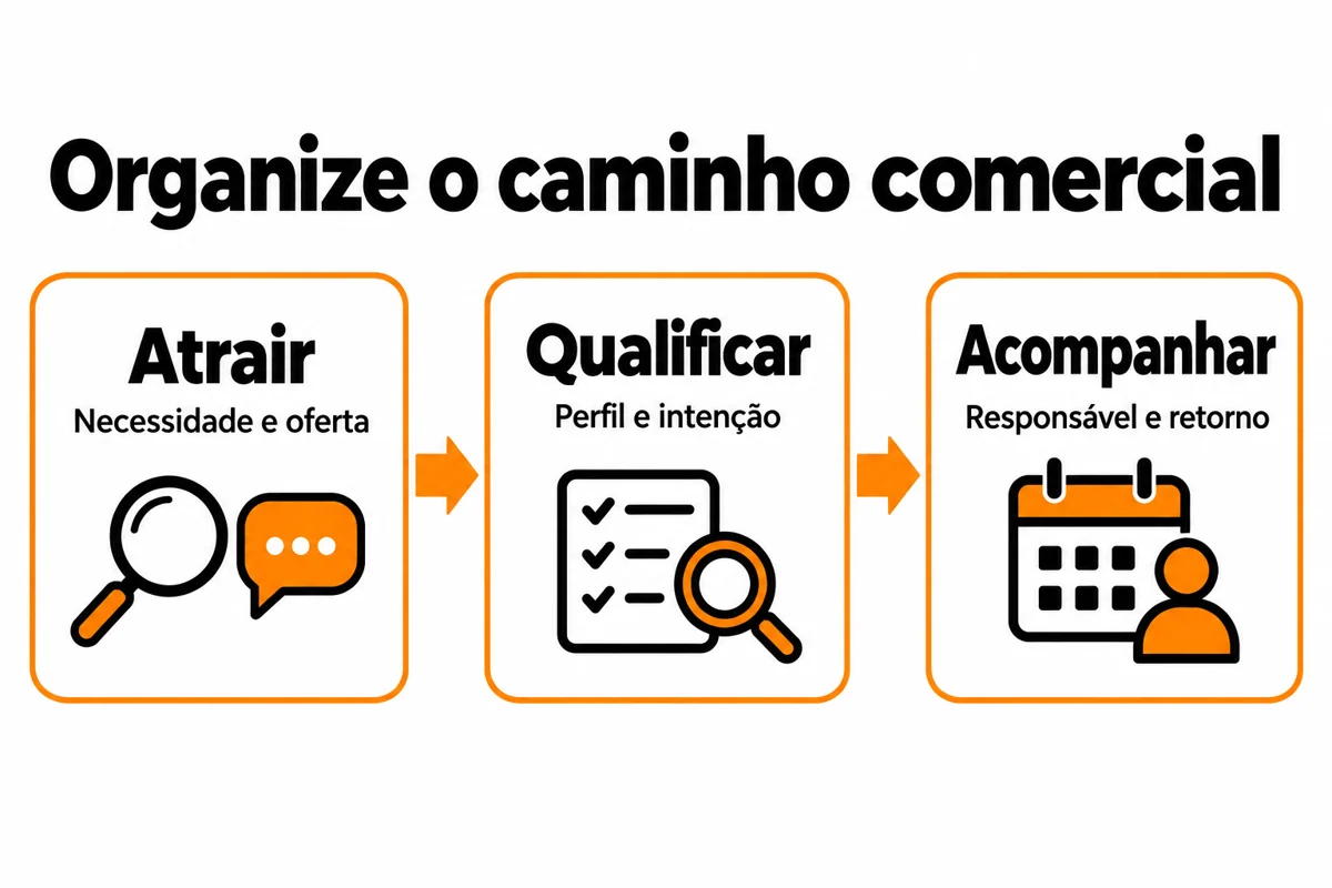 Três partes do caminho comercial: atrair com necessidade e oferta, qualificar por perfil e intenção e acompanhar com responsável e retorno.