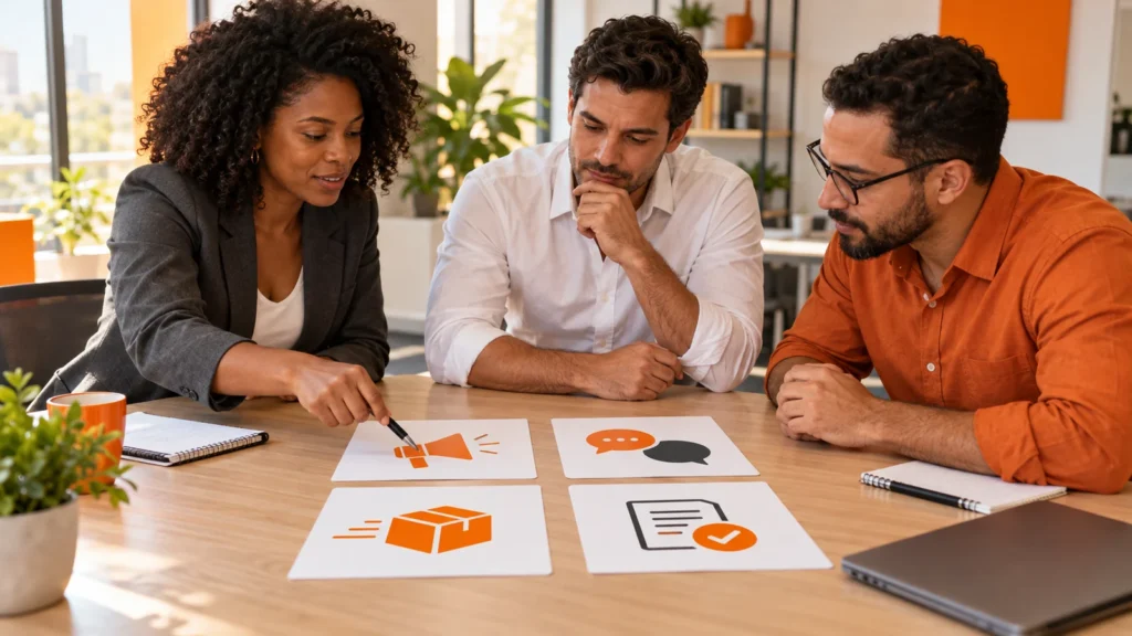 Três profissionais analisam cartões de marketing, conversa, entrega e revisão sobre a mesa.