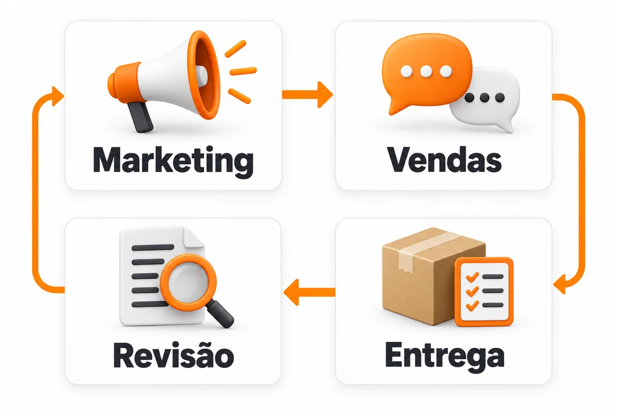 Quatro cartões formam um ciclo de marketing, vendas, entrega e revisão, com retorno ao marketing.