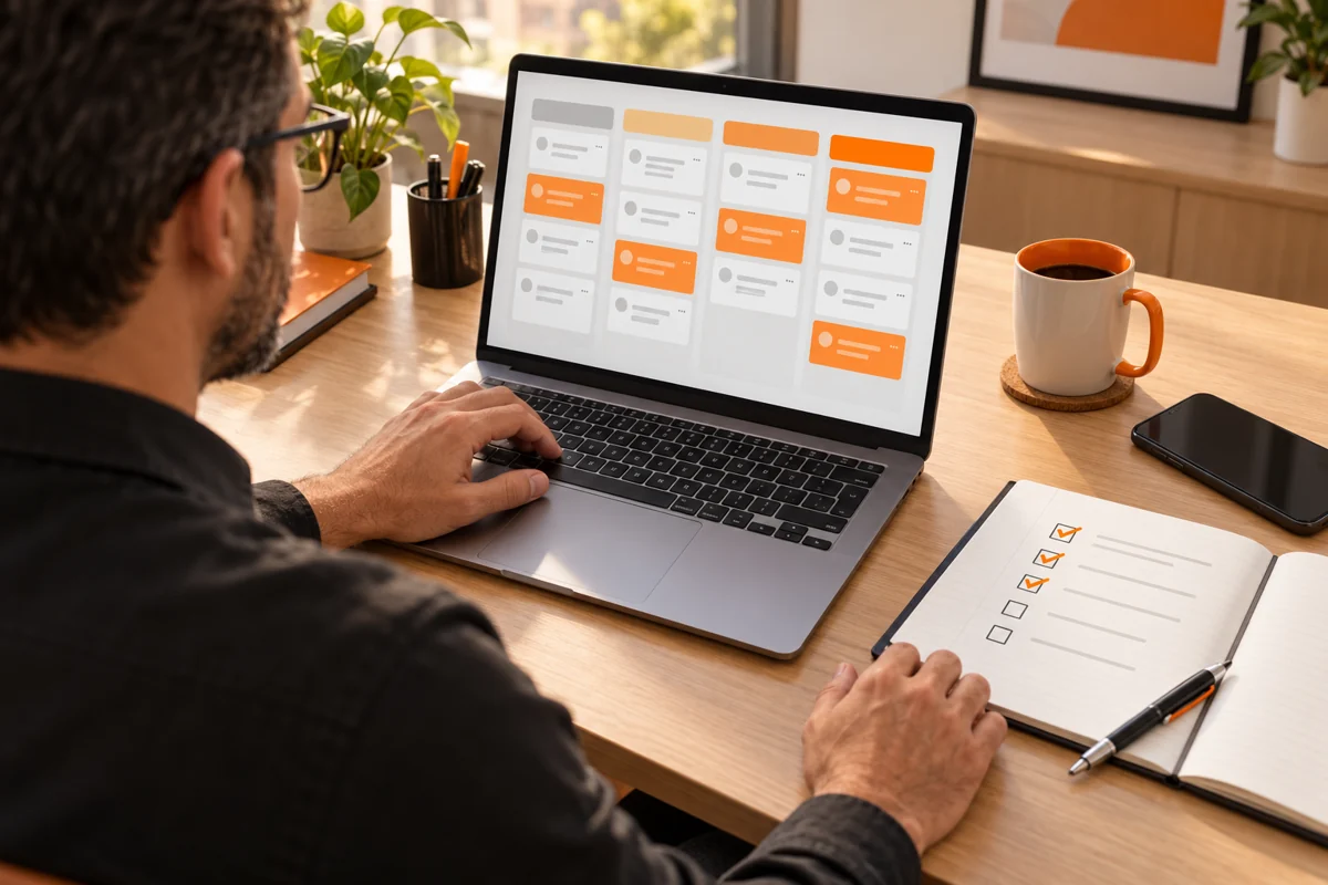 Gestor revisa um quadro de oportunidades no notebook com uma lista de verificação ao lado.