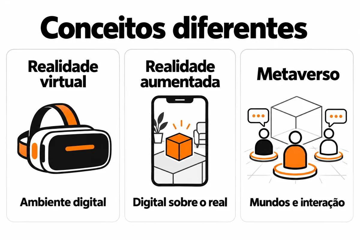 Comparação entre realidade virtual, ambiente digital; realidade aumentada, digital sobre o real; e metaverso, mundos e interação.