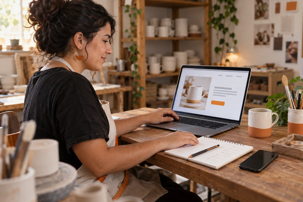 Empreendedora revisa no notebook uma página de apresentação de caneca com um caderno de conferência ao lado.