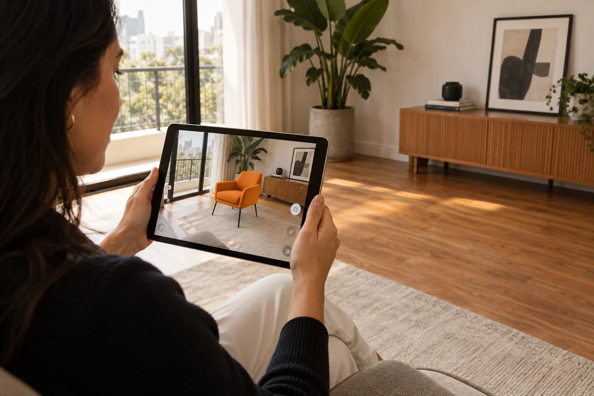 Pessoa visualiza no tablet uma poltrona laranja digital sobreposta à imagem de uma sala sem esse móvel.