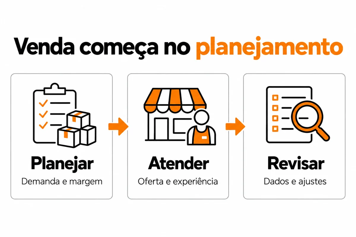 Ciclo de vendas no varejo: planejar demanda e margem, atender com oferta e experiência e revisar dados e ajustes.