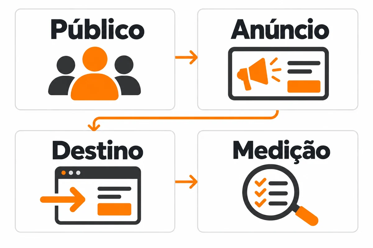 Quatro cartões conectam público, anúncio, destino e medição em uma sequência.