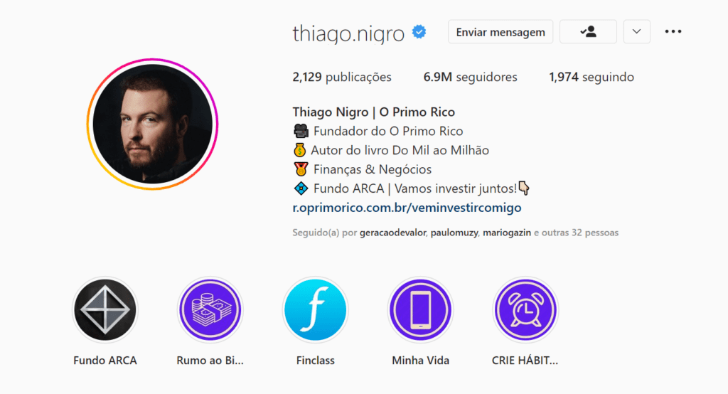 Imagem de uma biografia para instagram completa retirada do perfil do Thiago Nigro na plataforma