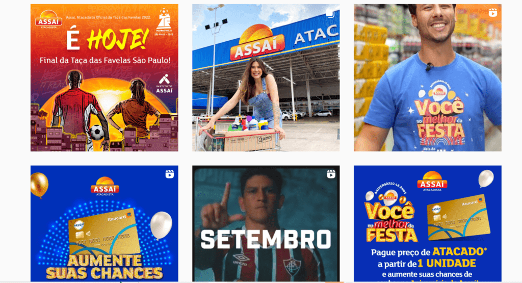 Imagem do feed do Assaí atacadista com diversas fotos coloridas e que mostram a fachada do supermercado com diversas postagens sobre  esportes como o futebol. 