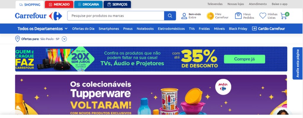 Imagem do site do carrefour possui uma área para pedidos online e um local no site para o cliente acessar a lista de favoritos dele