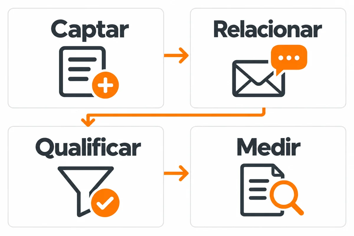 Quatro cartões conectados mostram captar, relacionar, qualificar e medir na operação de marketing.