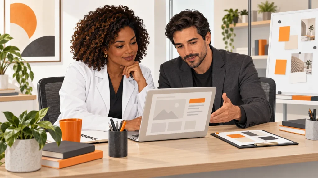 Mulher de jaleco e gestor planejam a comunicação de uma clínica em notebook, com cartões laranja e grafite sobre a mesa.