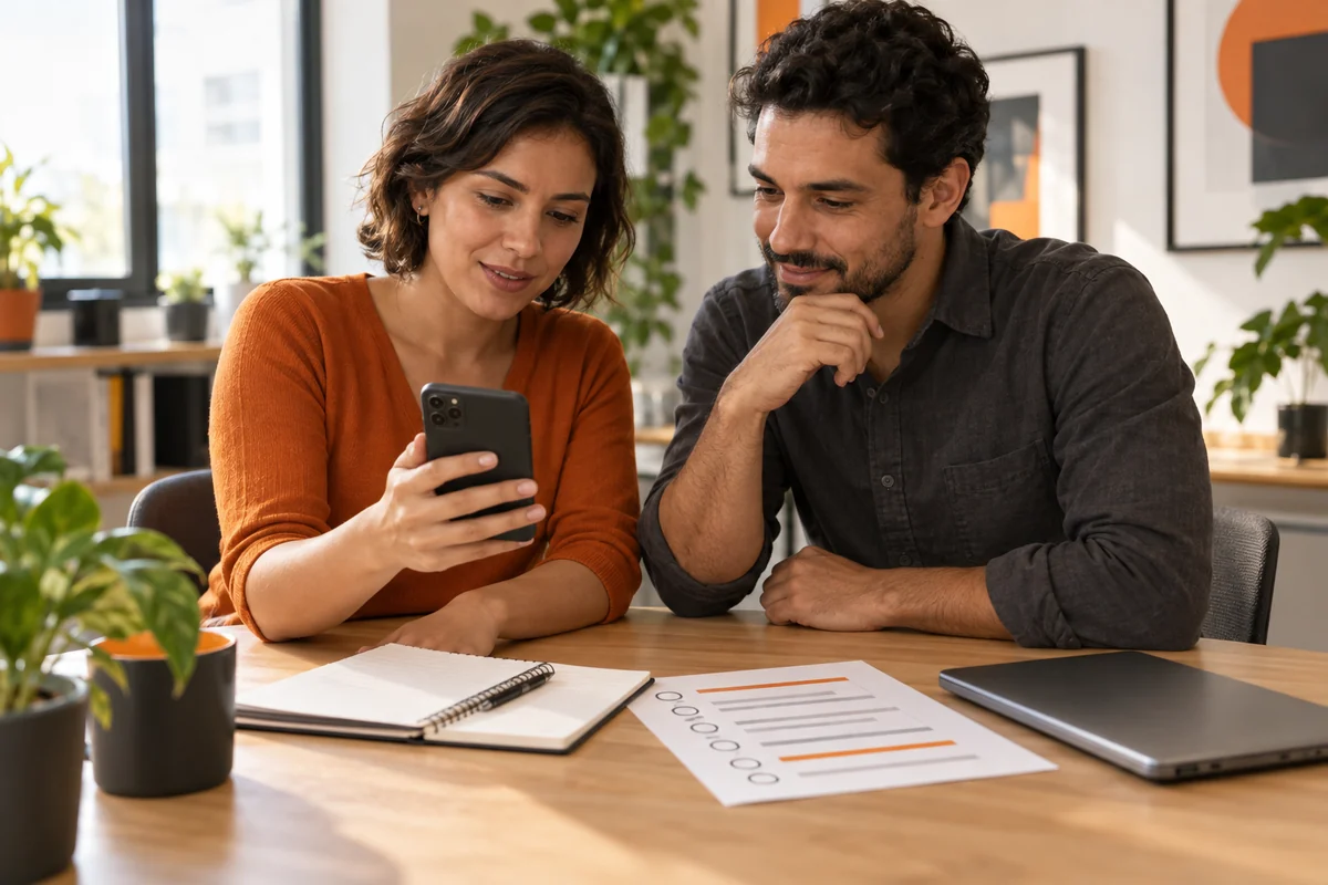 Analista e colega conferem juntos um celular, com um checklist impresso sobre a mesa.