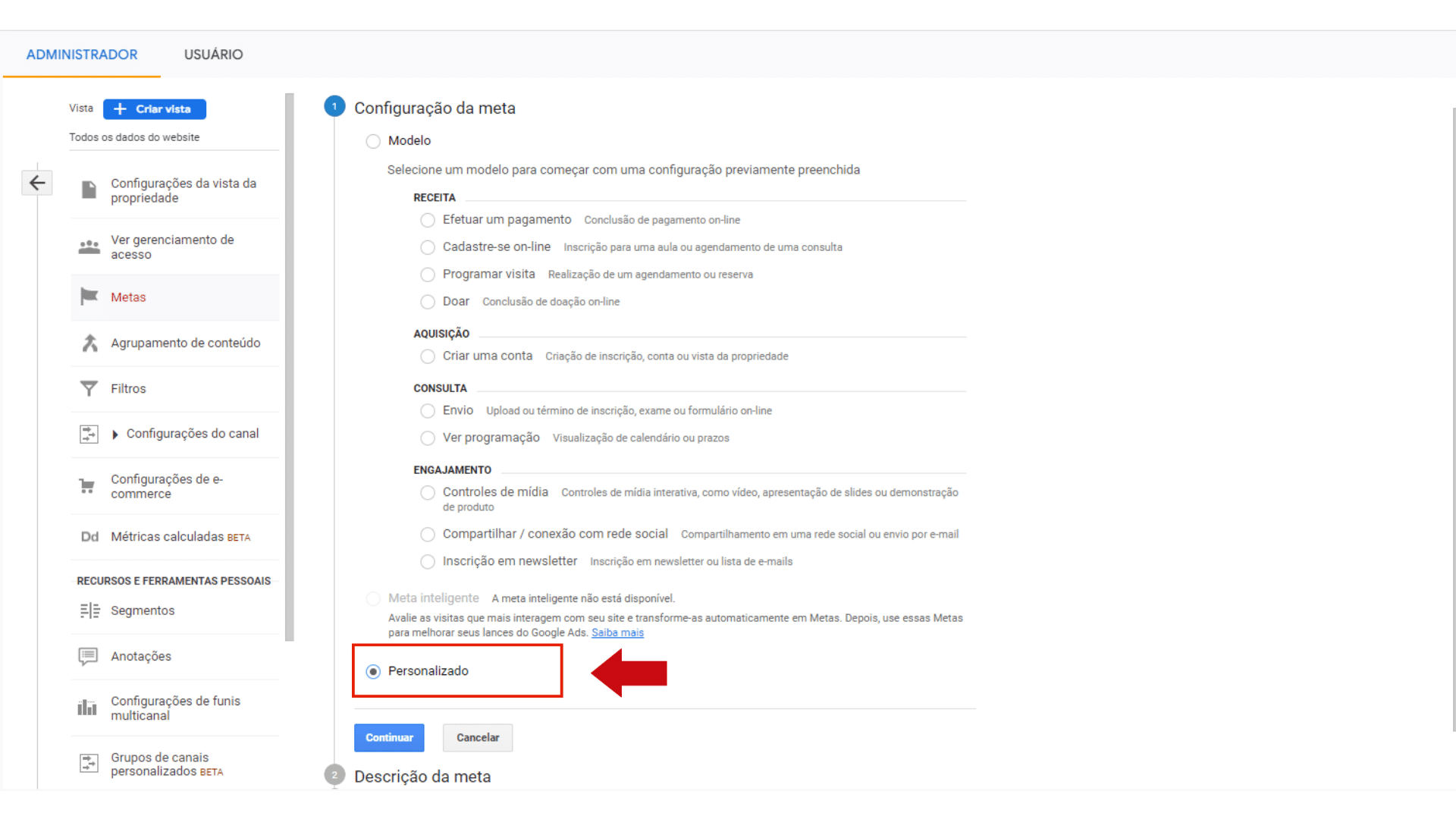 Tela de configuração do funil de vendas no Google Analytics