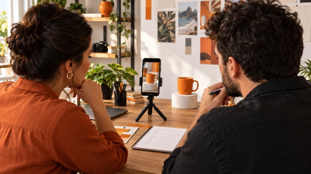 Duas pessoas revisam um vídeo de produto no celular e um checklist sobre a mesa.