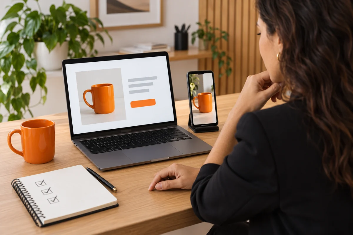 Profissional compara a mesma caneca no vídeo do celular e na página exibida no notebook.