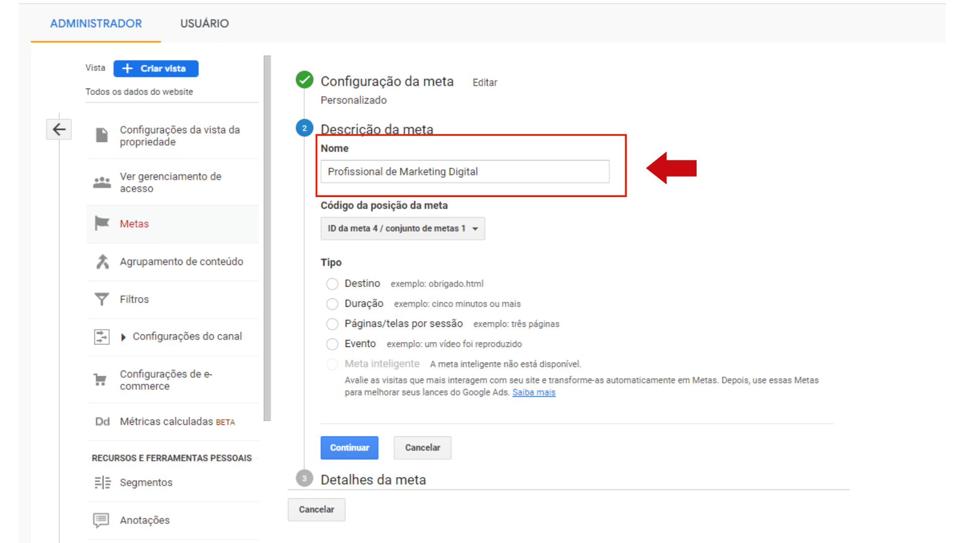 Tela que demonstra onde colocar o nome do funil de vendas no Google Analytics 