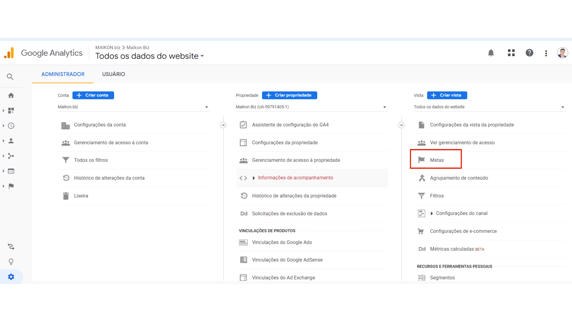 Página do Google Analytics Onde é criada as metas para configuração do funil de Vendas